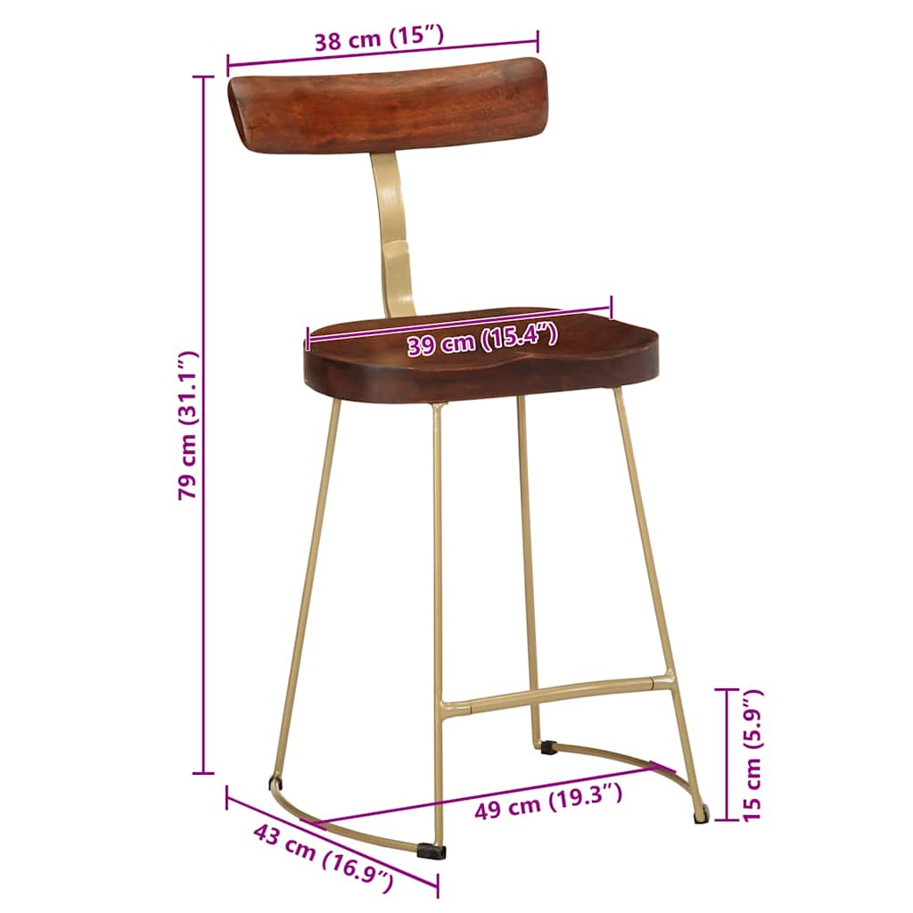 Solid Mango Wood Bar Stools Set of 2, 49x43x79 cm