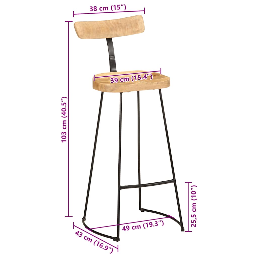 Solid Mango Wood Bar Stools Set of 2 - 49x43x103 cm