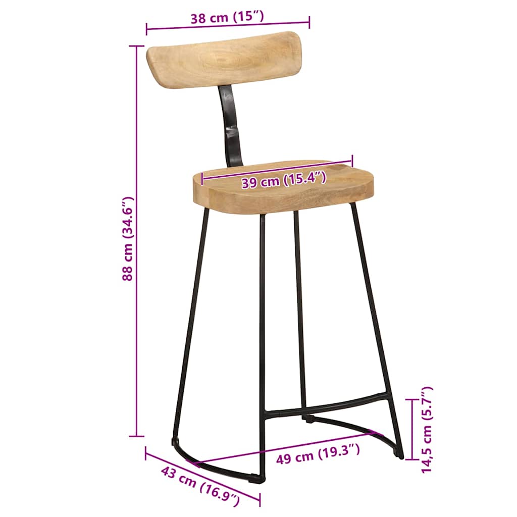 Solid Mango Wood Bar Stools Set of 2 - Stylish & Durable 88cm