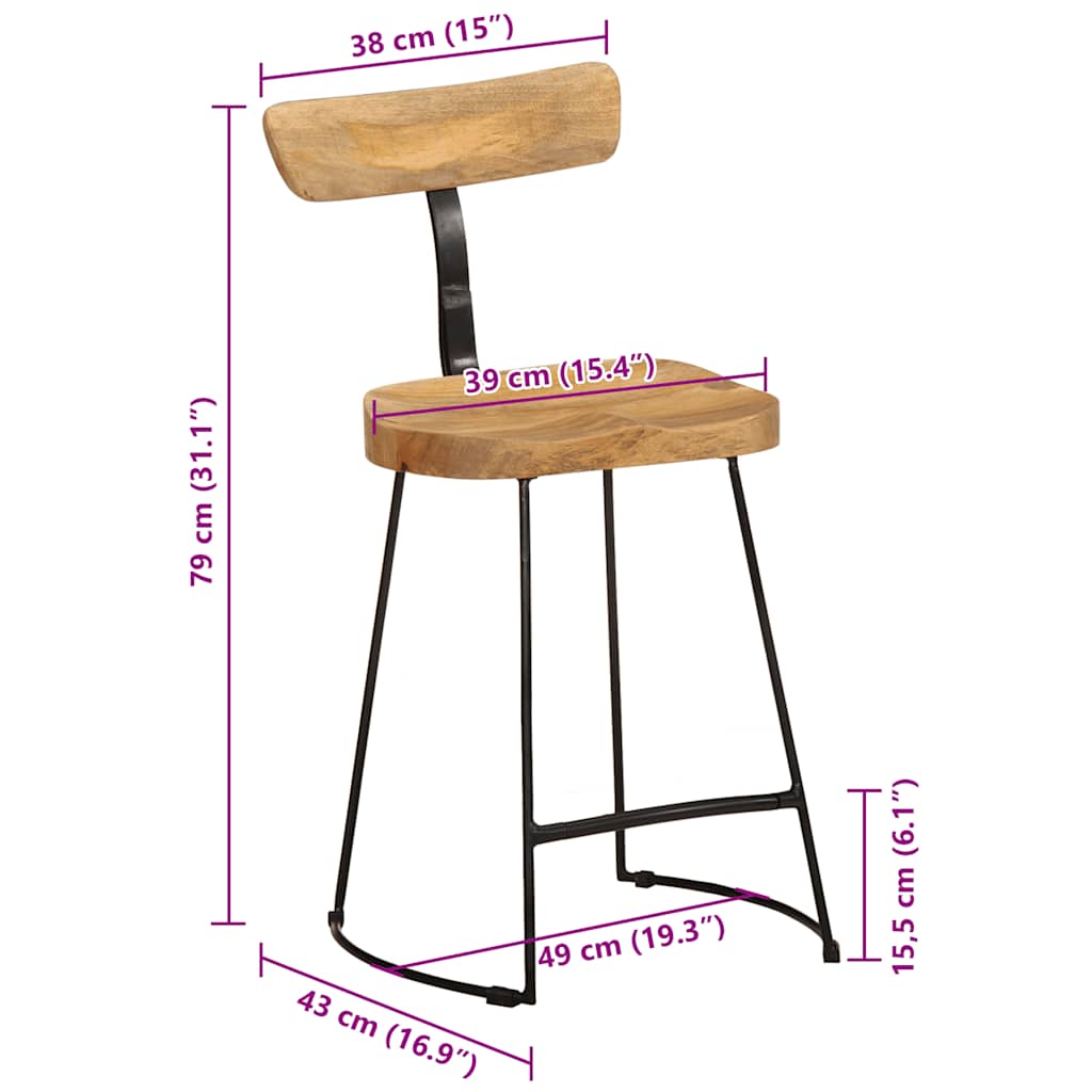 Solid Mango Wood Bar Stools Set of 2, 49x43x79 cm