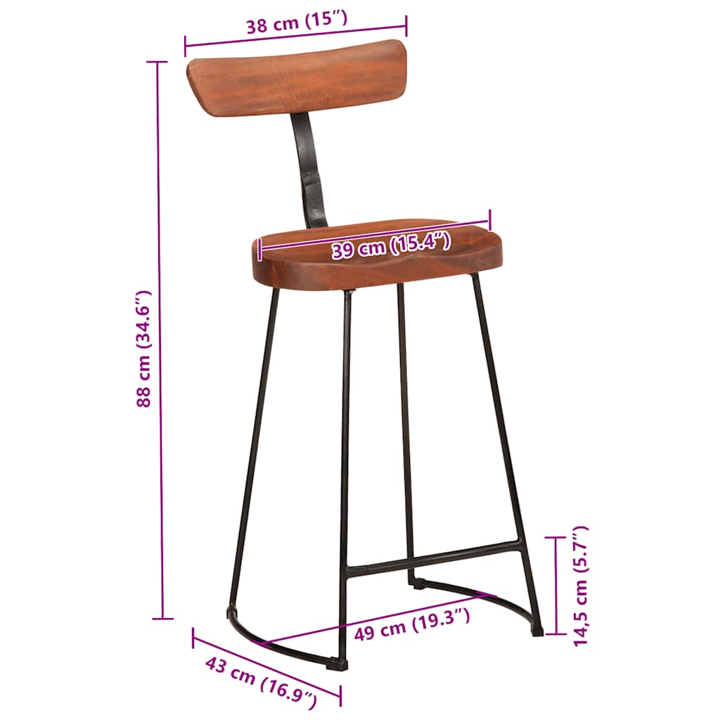 Solid Mango Wood Bar Stools, Set of 2, 49x43x88 cm