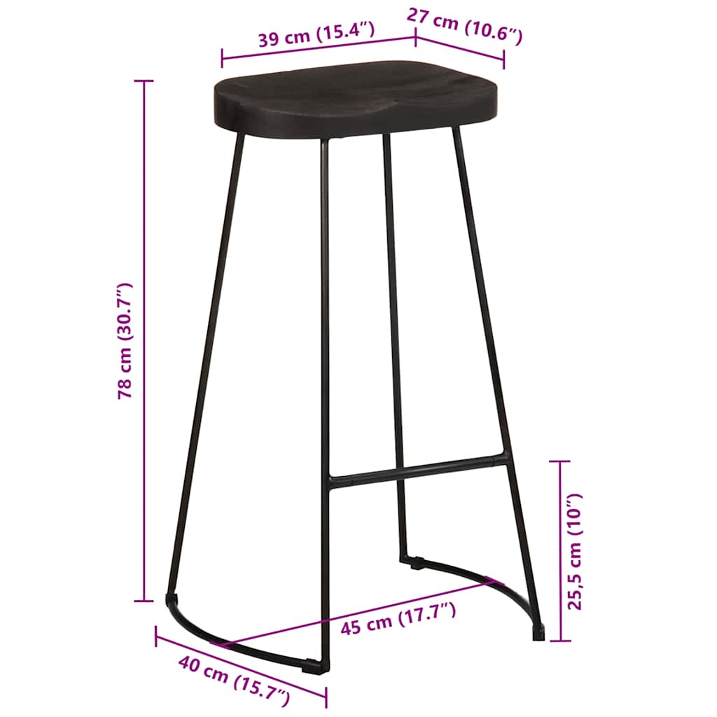 Set of 2 Black Mango Wood Bar Stools - 45x40x78 cm