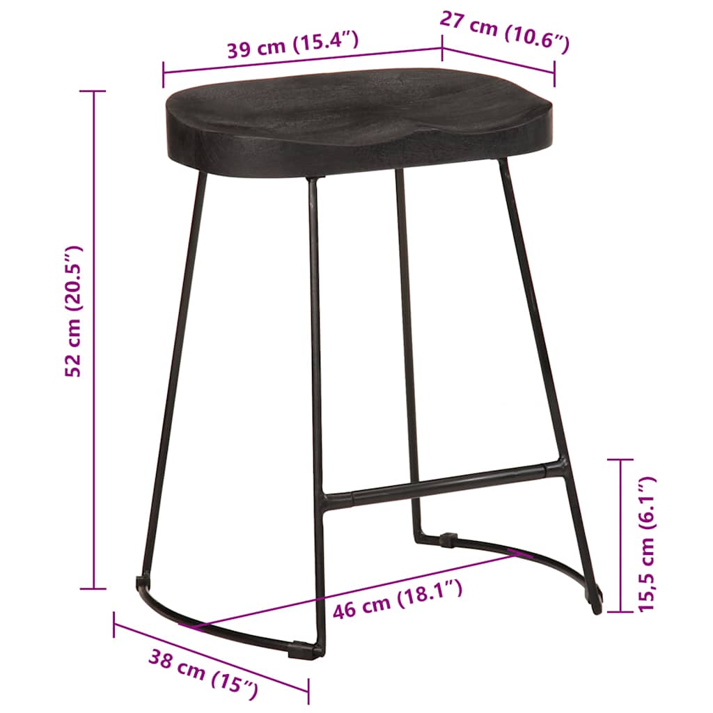 Black Solid Mango Wood Bar Stools, Set of 2, 46x38x52 cm