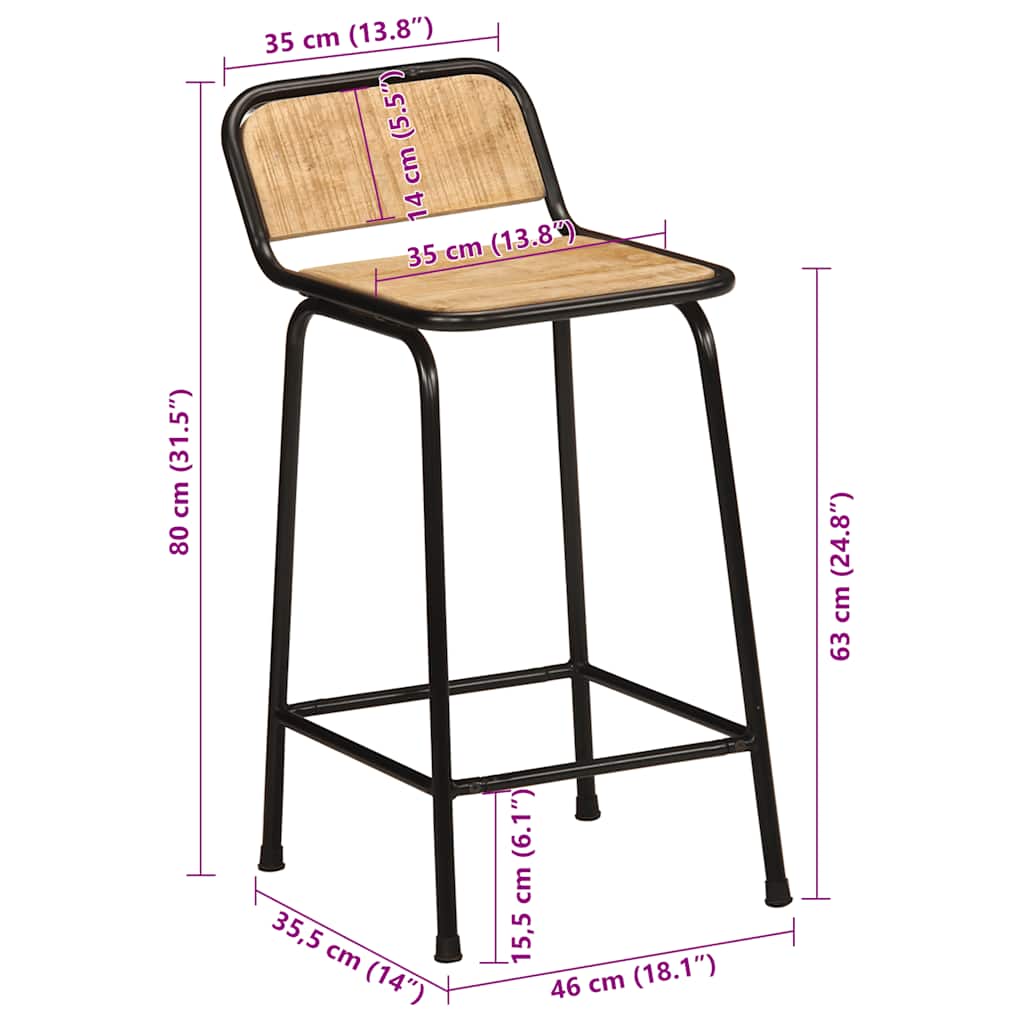 4-Piece Solid Mango Wood Bar Stools, 46x35.5x80 cm Rustic Finish