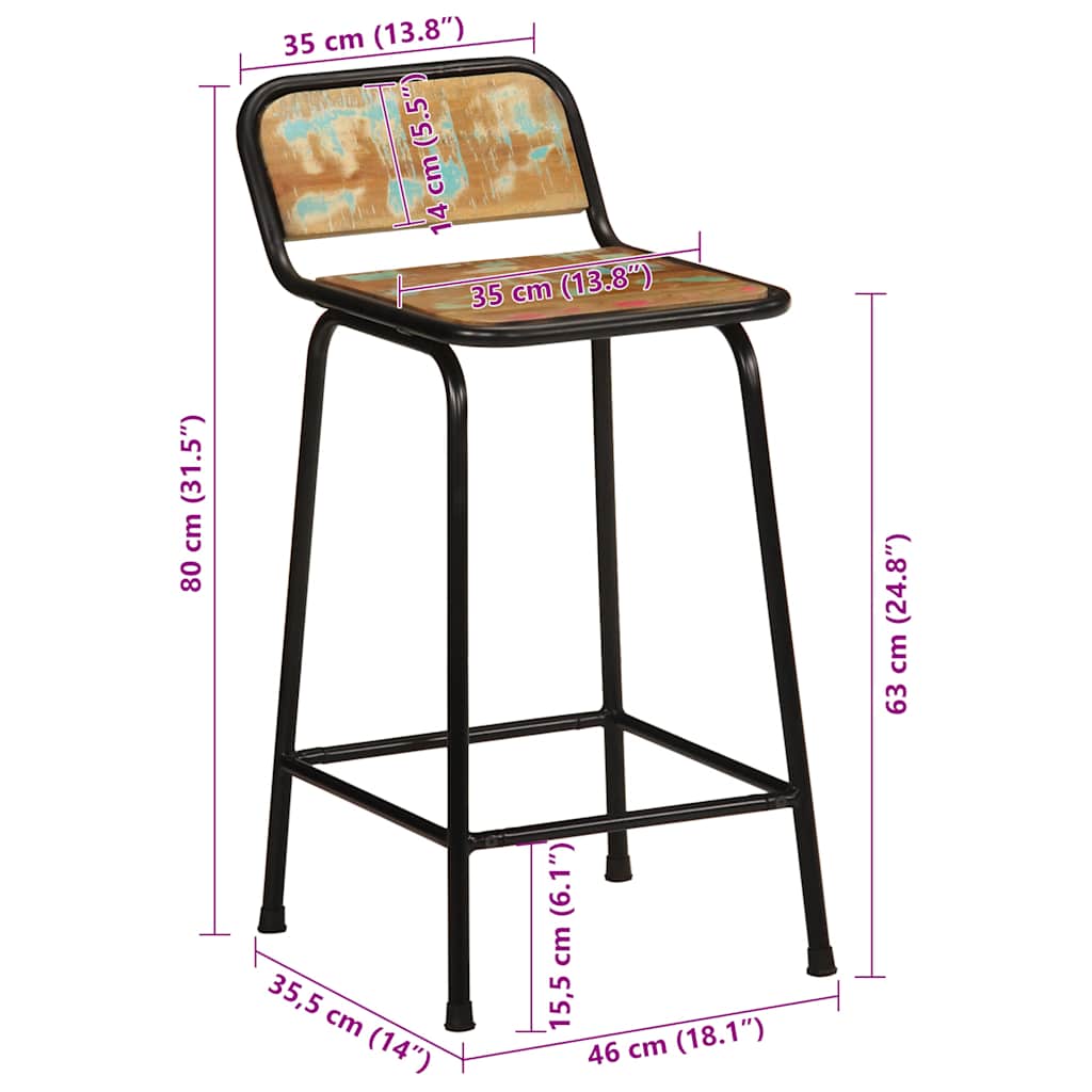 Reclaimed Solid Wood Bar Stools - Set of 4, 46x35.5x80 cm