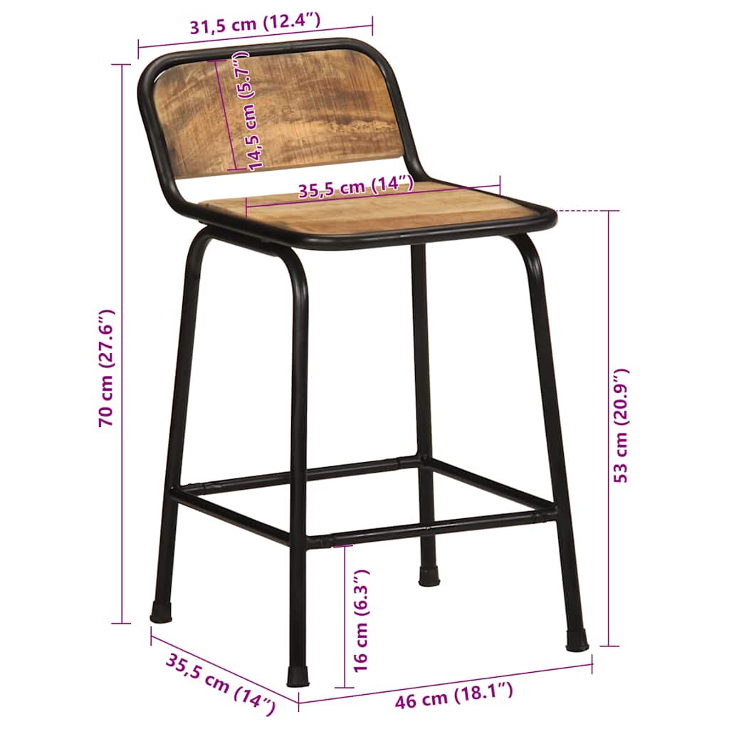 Set of 4 Solid Mango Wood Bar Stools - Rustic Charm, 46x35.5x70 cm