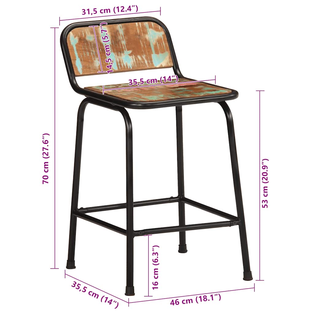 Reclaimed Solid Wood Bar Stools - Set of 4, 46x35.5x70 cm