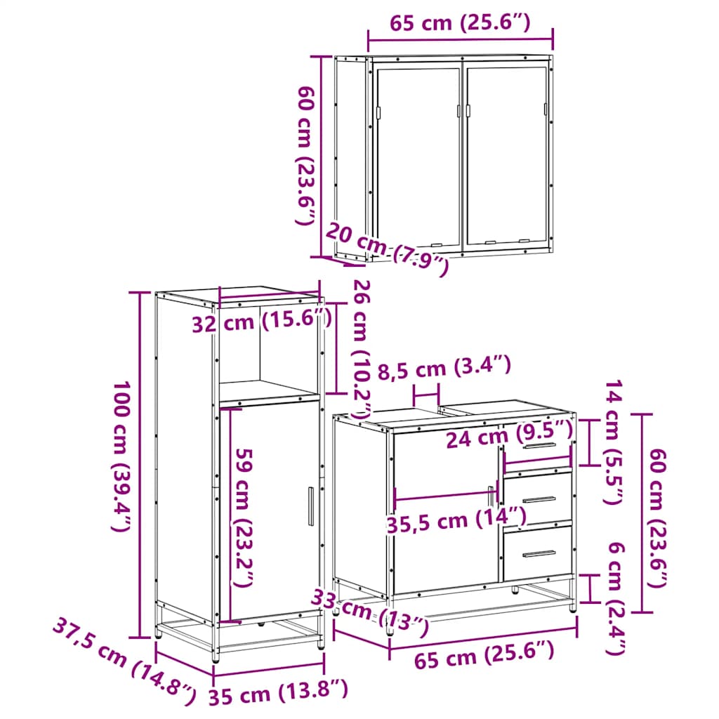3 Piece Bathroom Furniture Set Grey Sonoma Engineered Wood