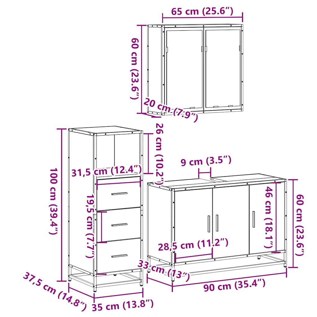 3 Piece Bathroom Furniture Set Smoked Oak Engineered Wood