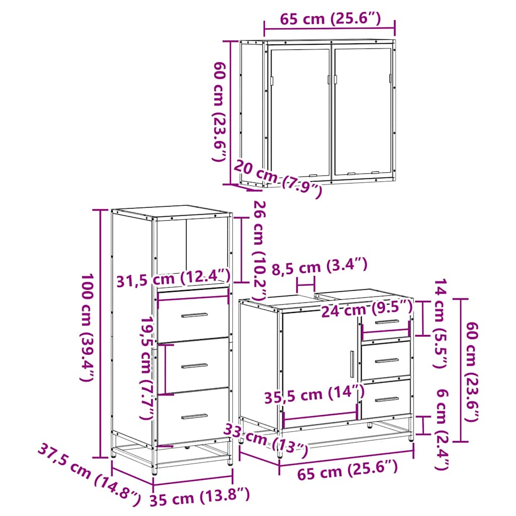 3 Piece Bathroom Furniture Set Grey Sonoma Engineered Wood