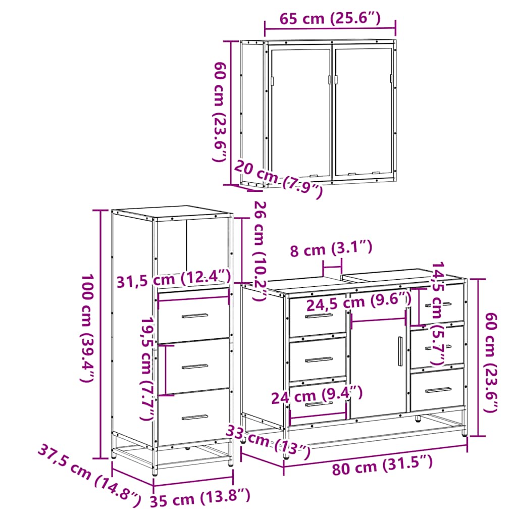 3 Piece Bathroom Furniture Set Brown Oak Engineered Wood