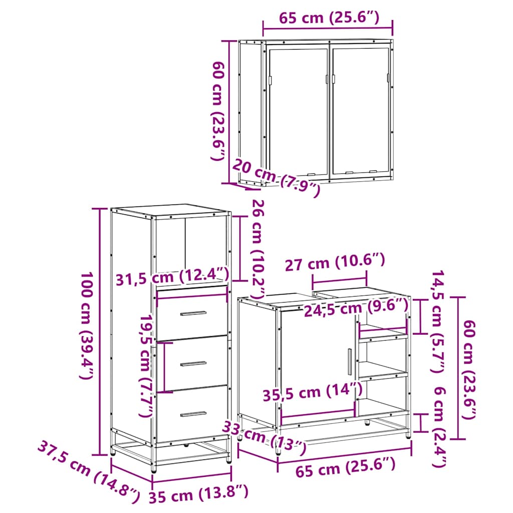 3 Piece Bathroom Furniture Set Brown Oak Engineered Wood
