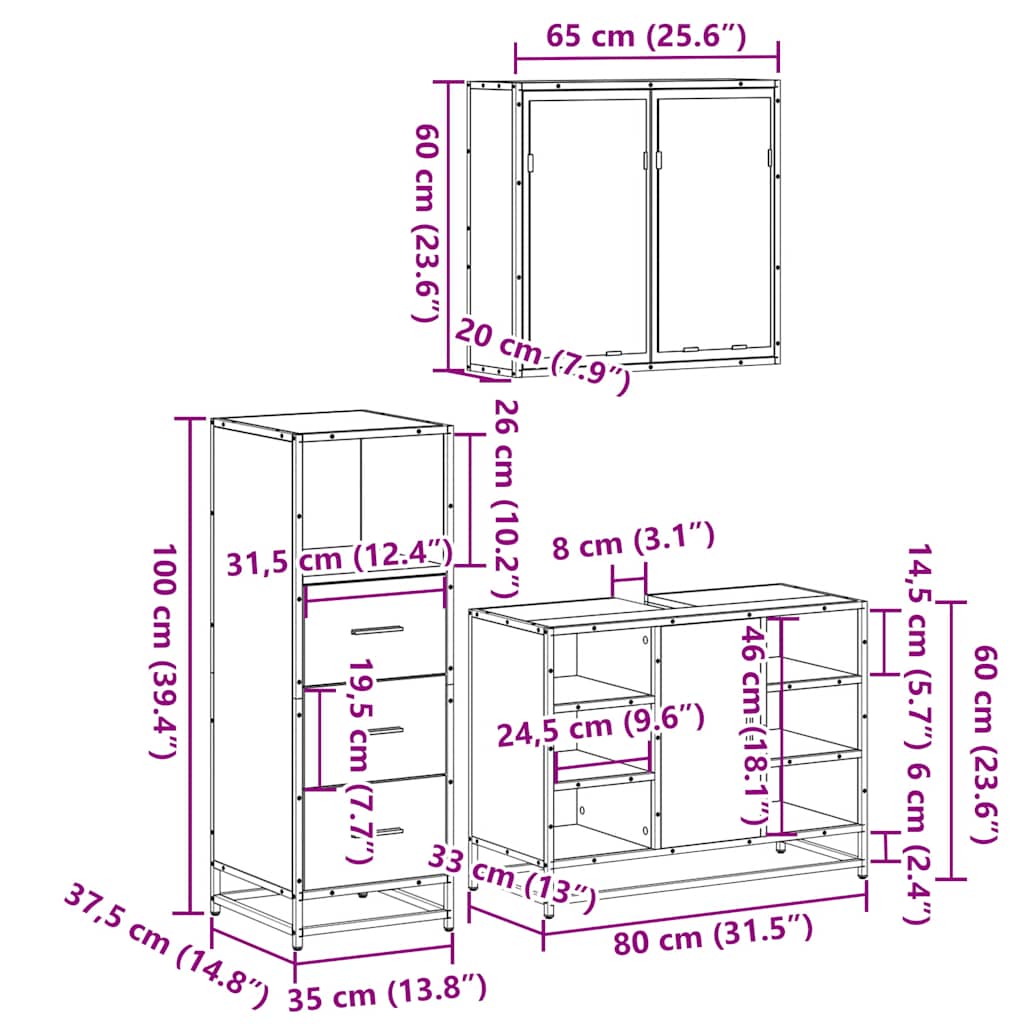 3 Piece Bathroom Furniture Set Smoked Oak Engineered Wood