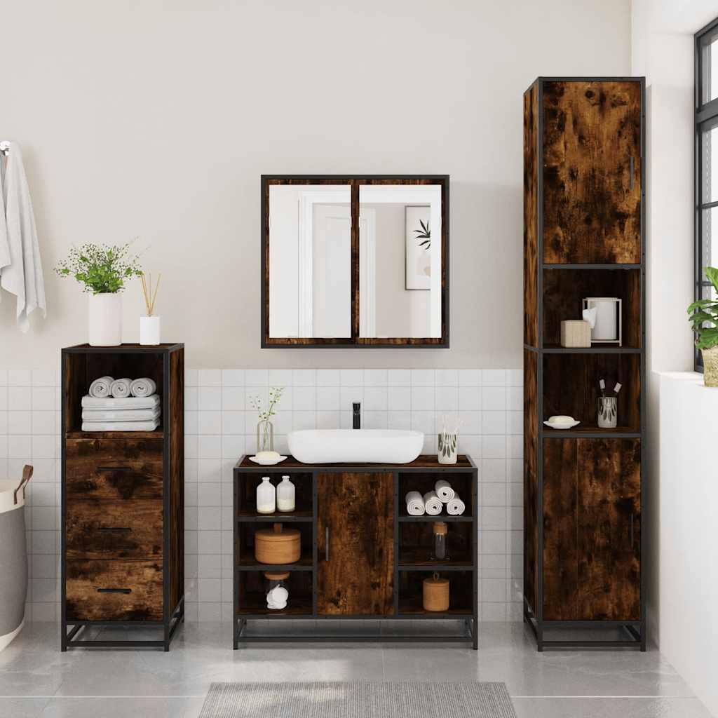 3 Piece Bathroom Furniture Set Smoked Oak Engineered Wood