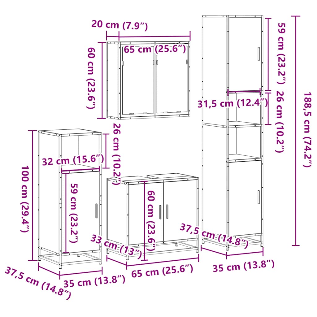 4 Piece Bathroom Furniture Set Grey Sonoma Engineered Wood