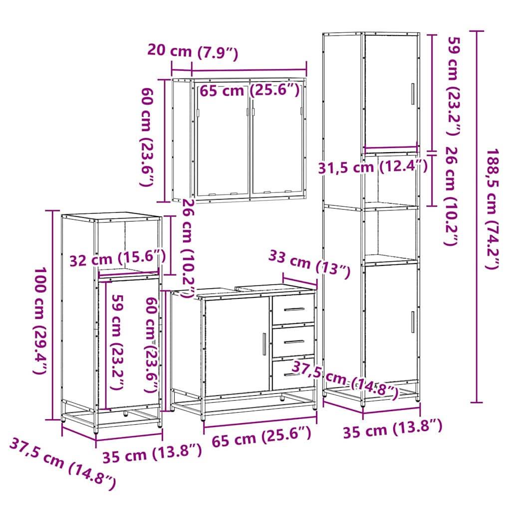 4 Piece Bathroom Furniture Set Brown Oak Engineered Wood