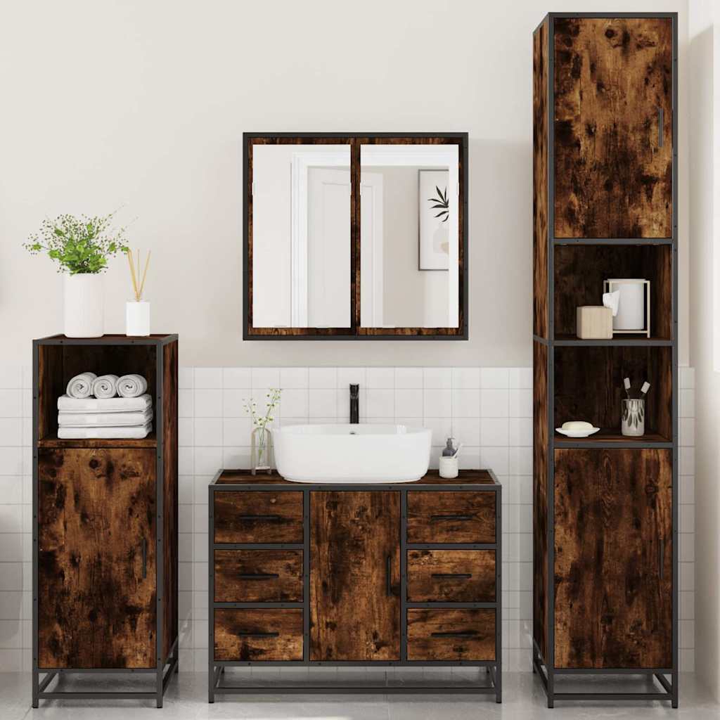 4 Piece Bathroom Furniture Set Smoked Oak Engineered Wood
