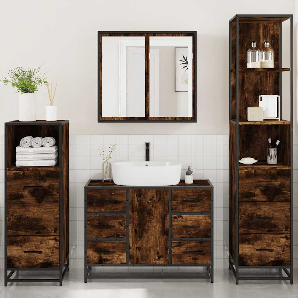 4 Piece Bathroom Furniture Set Smoked Oak Engineered Wood