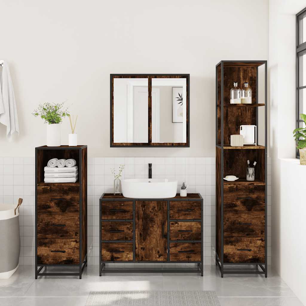 4 Piece Bathroom Furniture Set Smoked Oak Engineered Wood