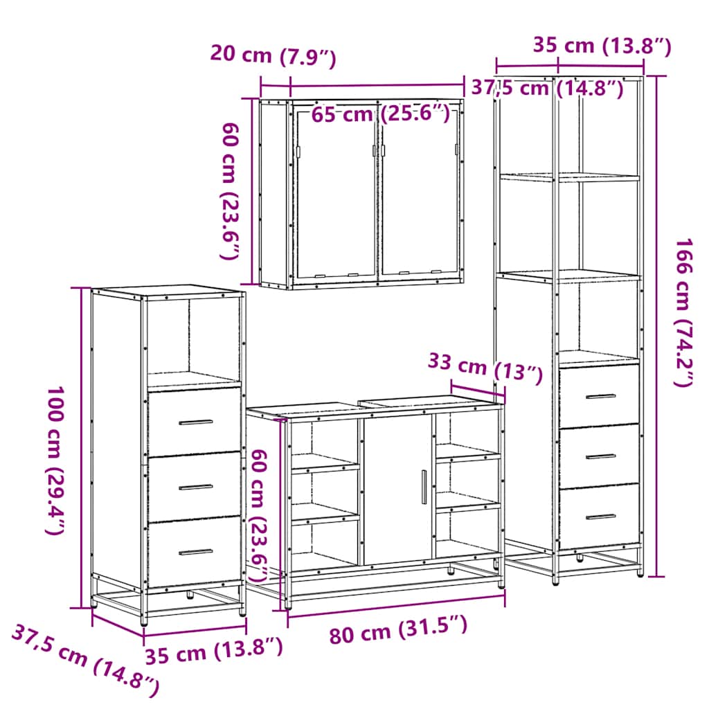 4 Piece Bathroom Furniture Set Grey Sonoma Engineered Wood