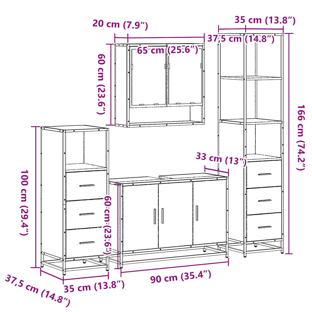 4 Piece Bathroom Furniture Set Brown Oak Engineered Wood