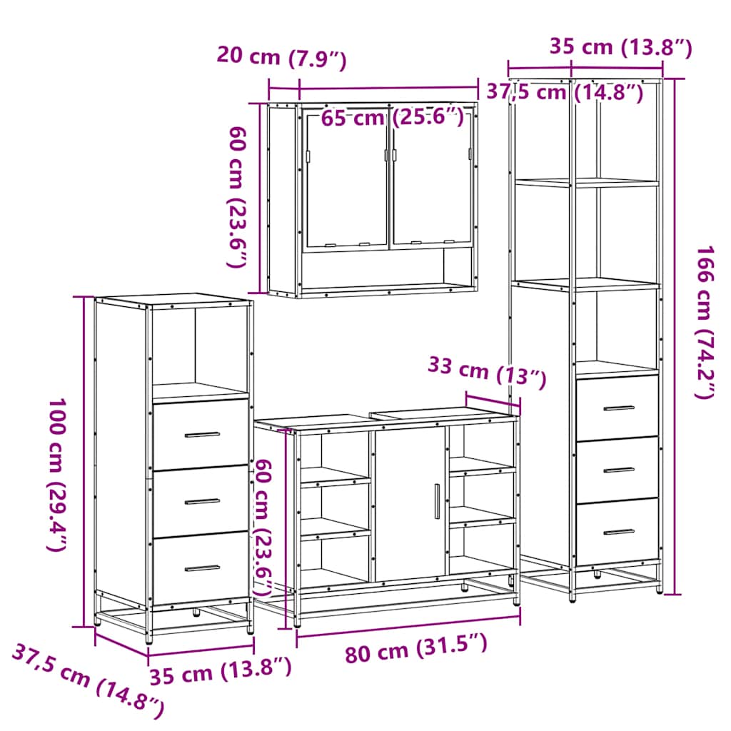 4 Piece Bathroom Furniture Set Brown Oak Engineered Wood