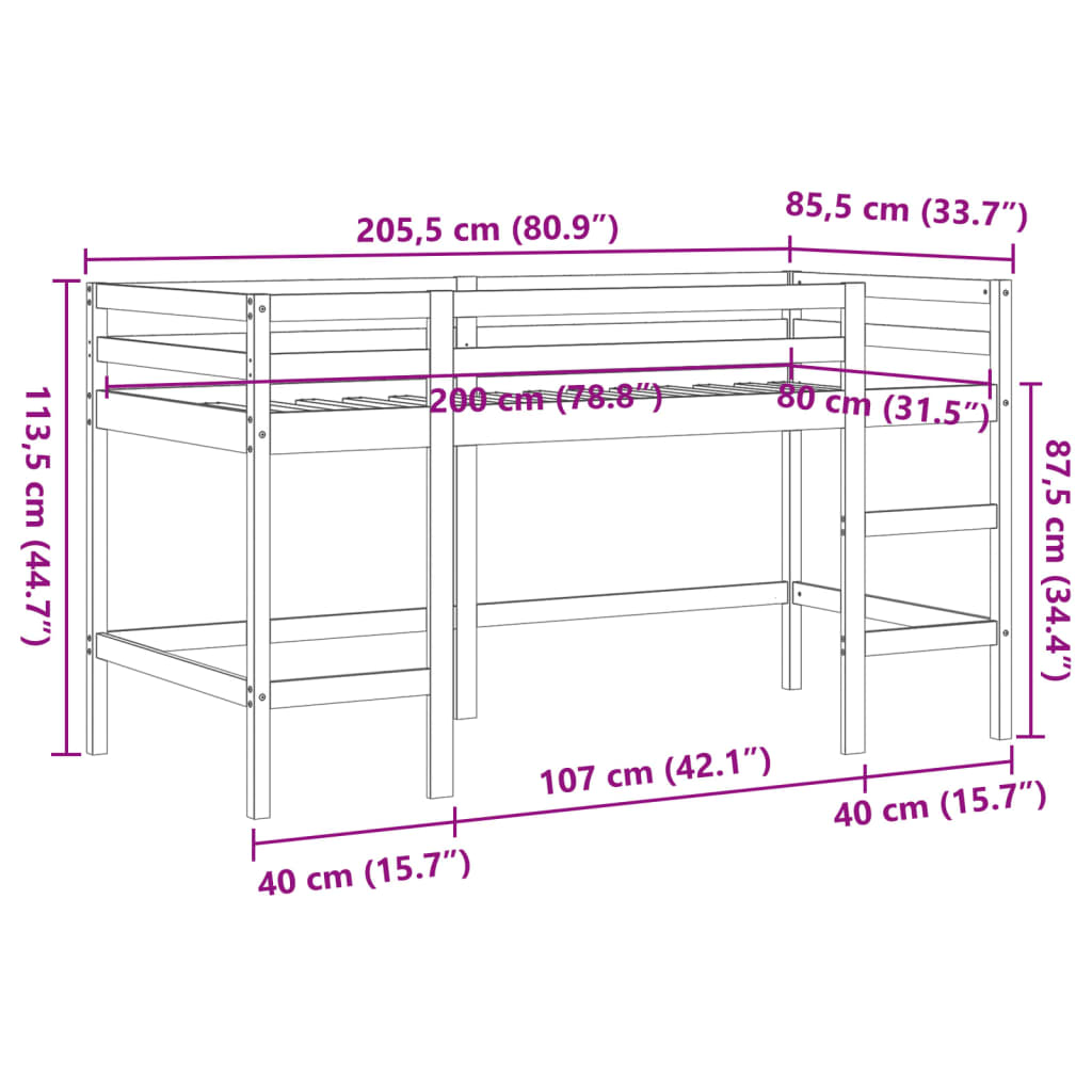 Wax Brown Kids' Loft Bed with Ladder 80x200 cm - No Mattress Included