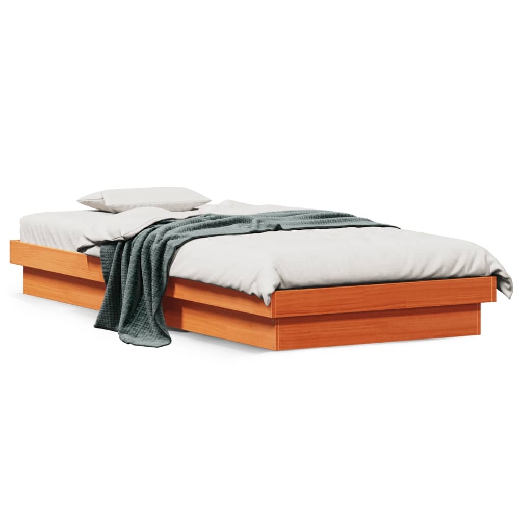 Wax Brown LED Bed Frame, Solid Wood, 75x190cm, No Mattress