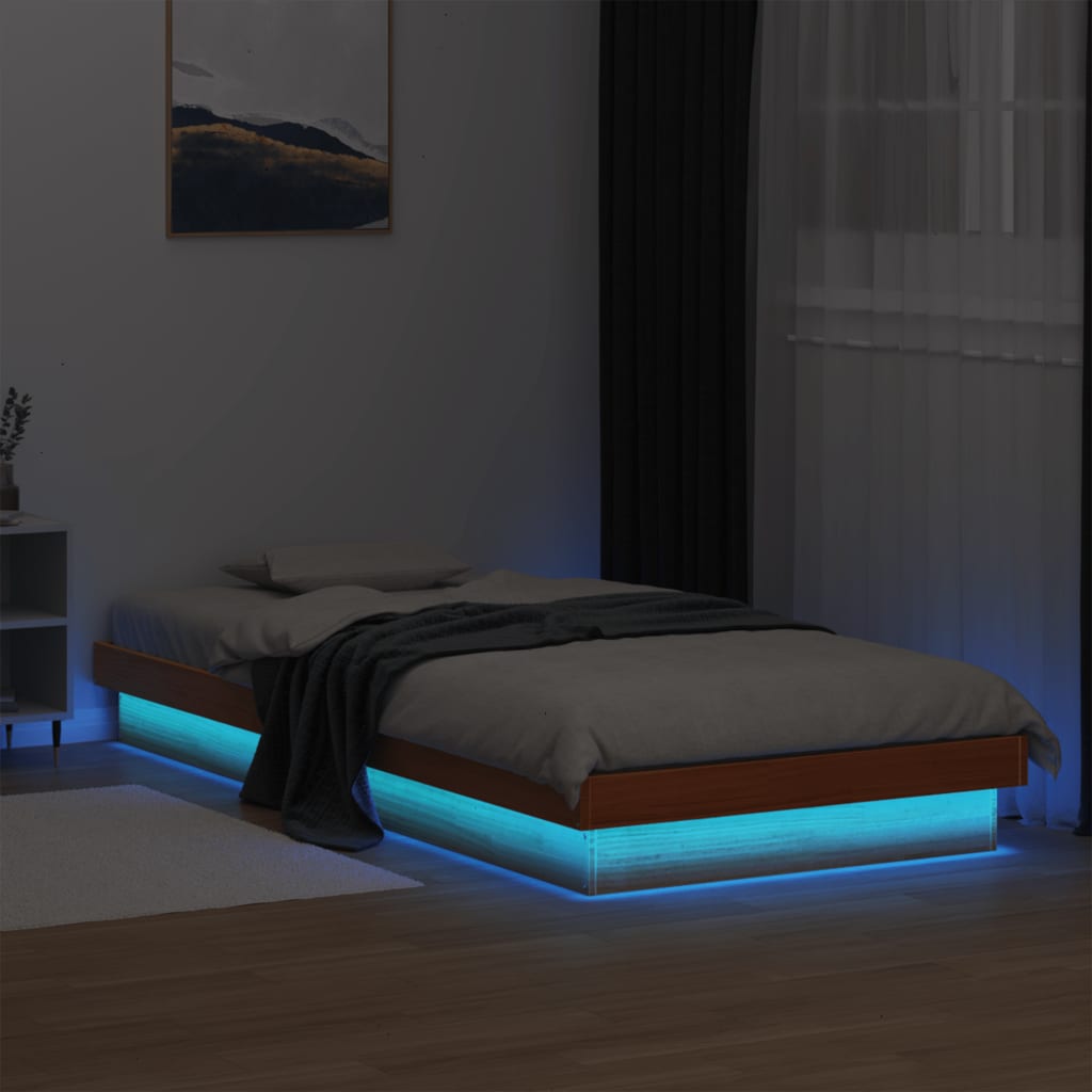 Wax Brown LED Bed Frame, Solid Wood, 75x190cm, No Mattress