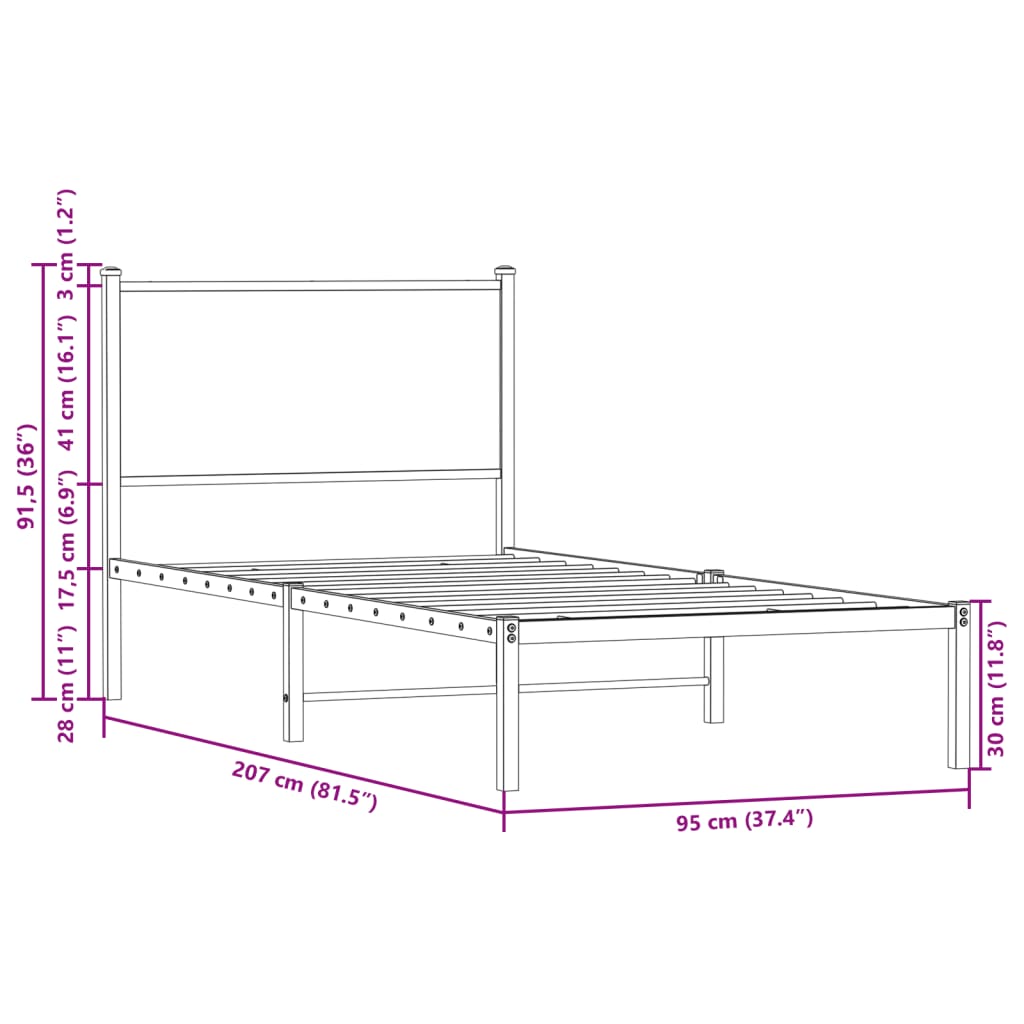 Sonoma Oak Metal Bed Frame 90x200 cm - No Mattress Included