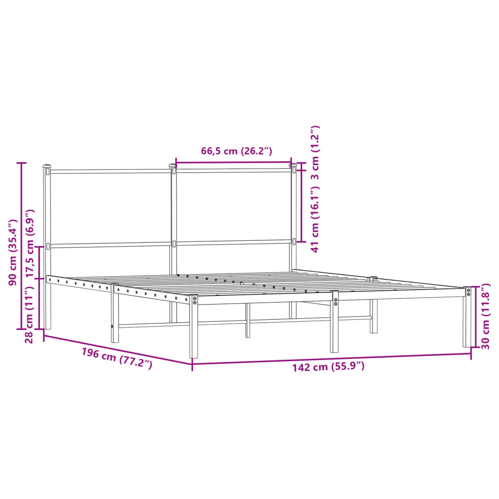 Metal Bed Frame without Mattress Brown Oak 137x190 cm