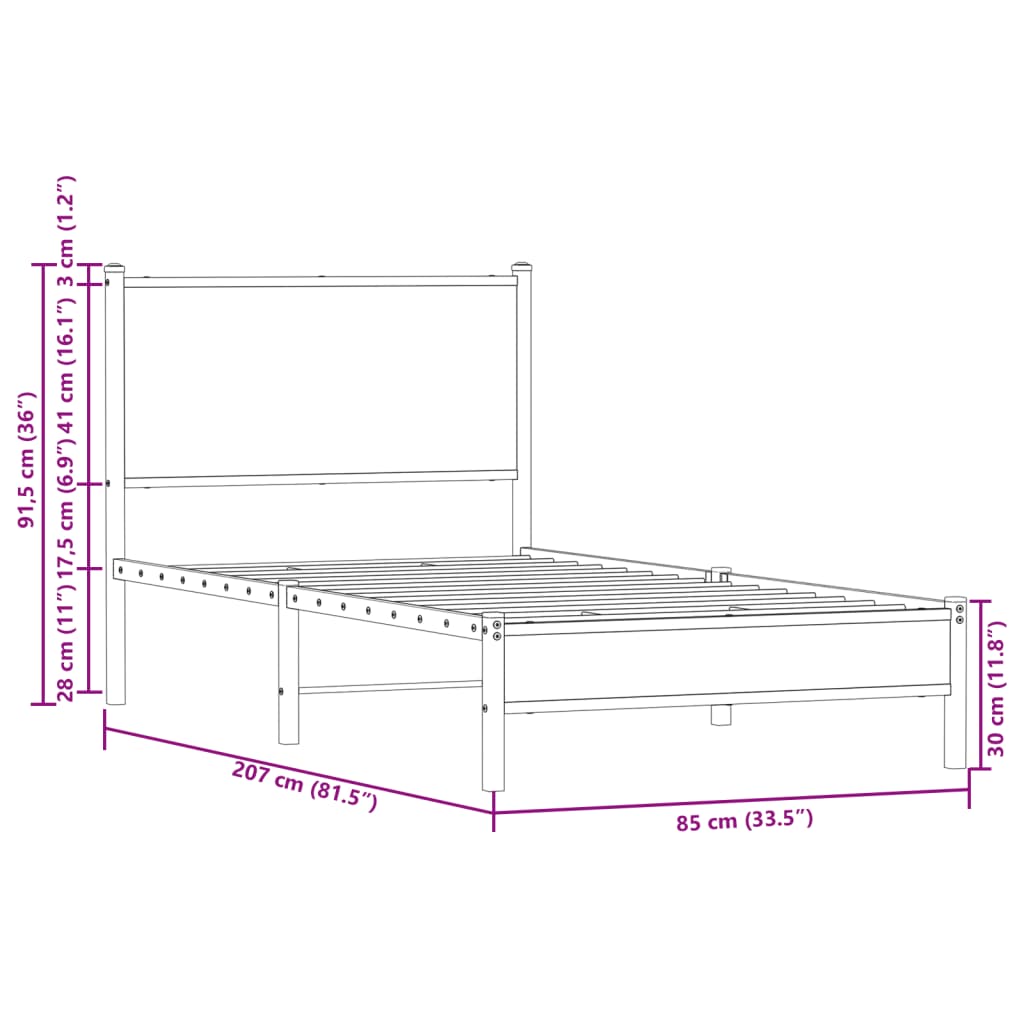 Sonoma Oak Metal Bed Frame 80x200 cm - No Mattress Included