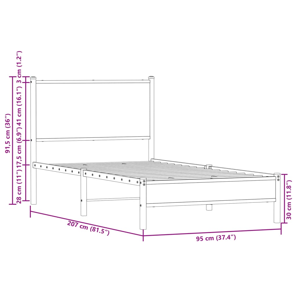 Sonoma Oak Metal Bed Frame 90x200 cm - Mattress Not Included