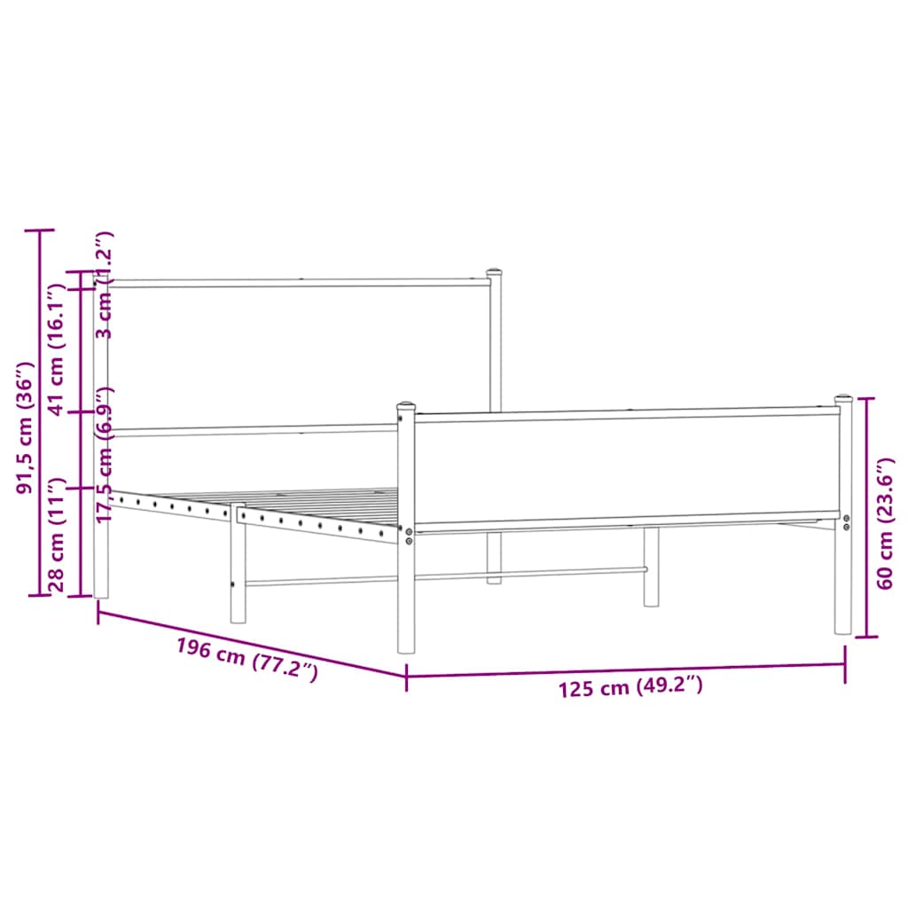 Brown Oak Metal Bed Frame, 120x190 cm Small Double, No Mattress