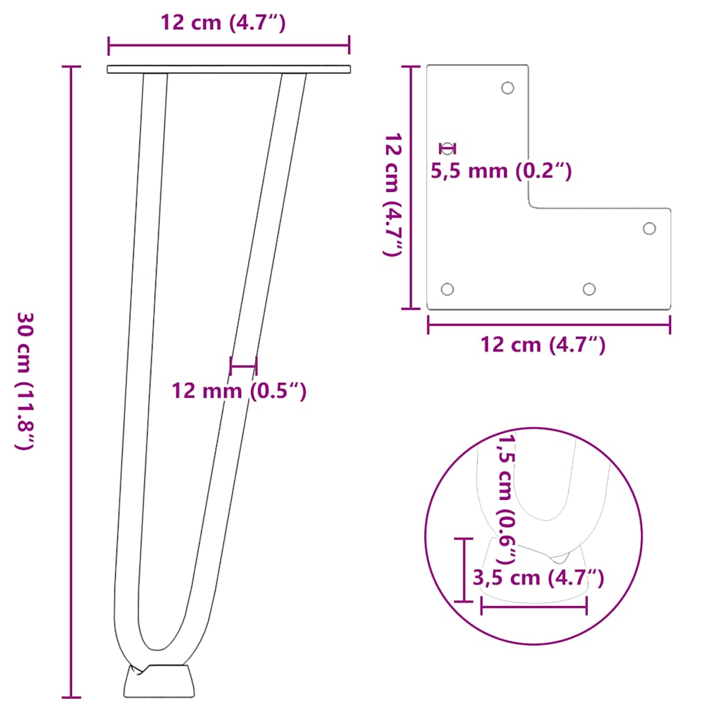 Solid Steel Hairpin Legs for Coffee Table, 4 pcs, 30cm, Natural Steel
