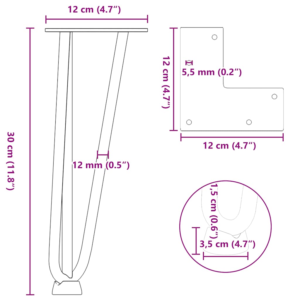 Black Solid Steel Hairpin Legs - 30cm, 4 Pack for Coffee Table
