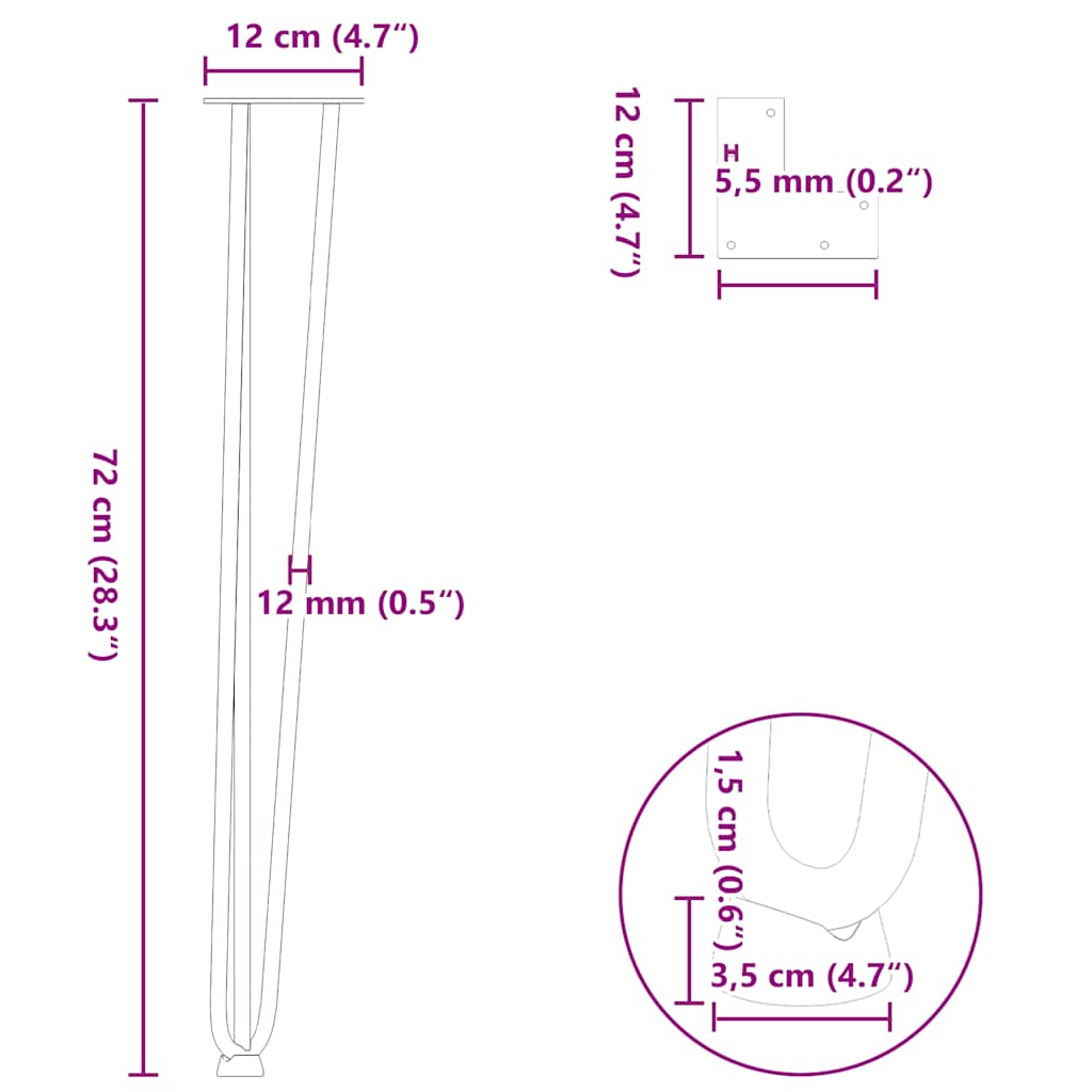 Natural Steel Console Table Hairpin Legs - Set of 4, 72 cm Solid Steel