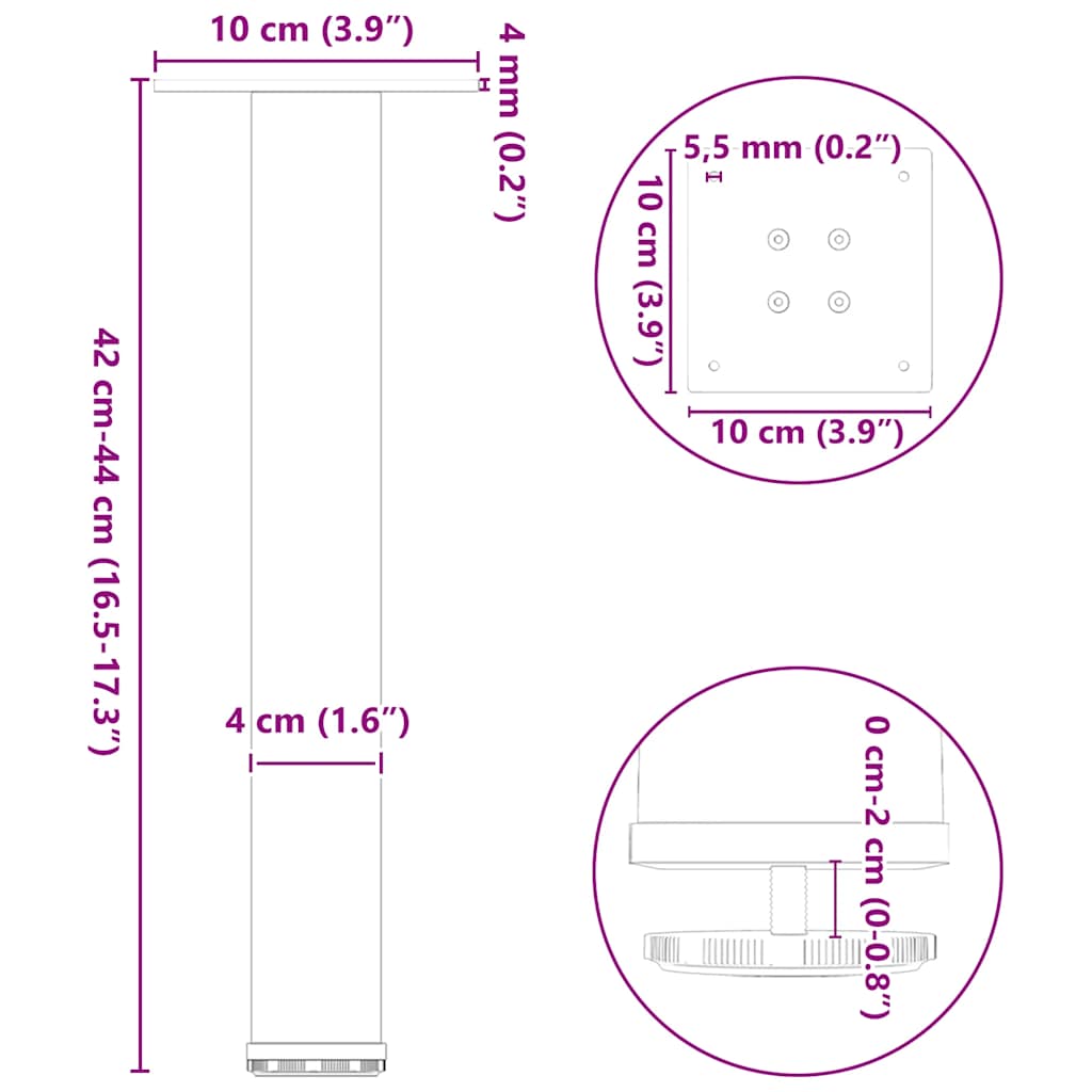 White Steel Coffee Table Legs - Set of 4, 42-44 cm Adjustable