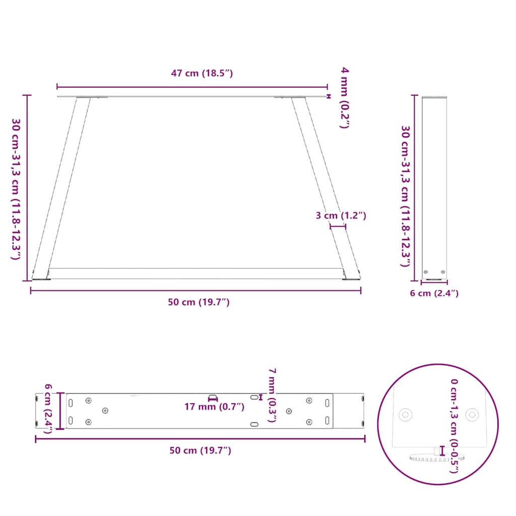 Natural Steel V-Shape Coffee Table Legs, 2 pcs, Adjustable 50x30 cm
