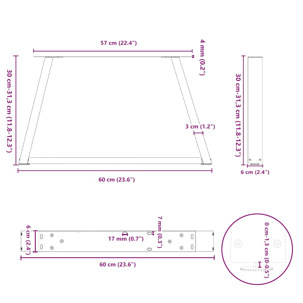 Steel V-Shape Coffee Table Legs, Black, 2 pcs, Adjustable 60x30 cm