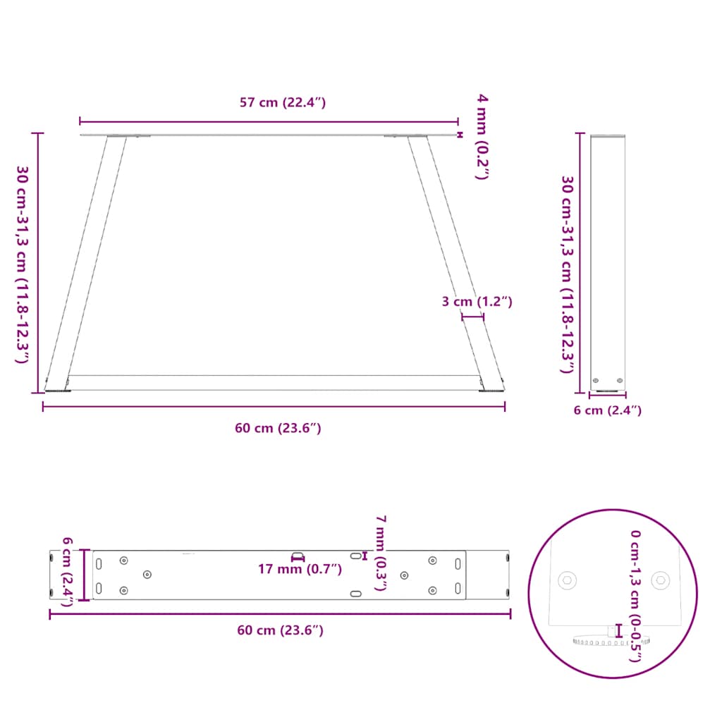 Natural Steel V-Shape Coffee Table Legs, Set of 2, 60x30-31.3 cm