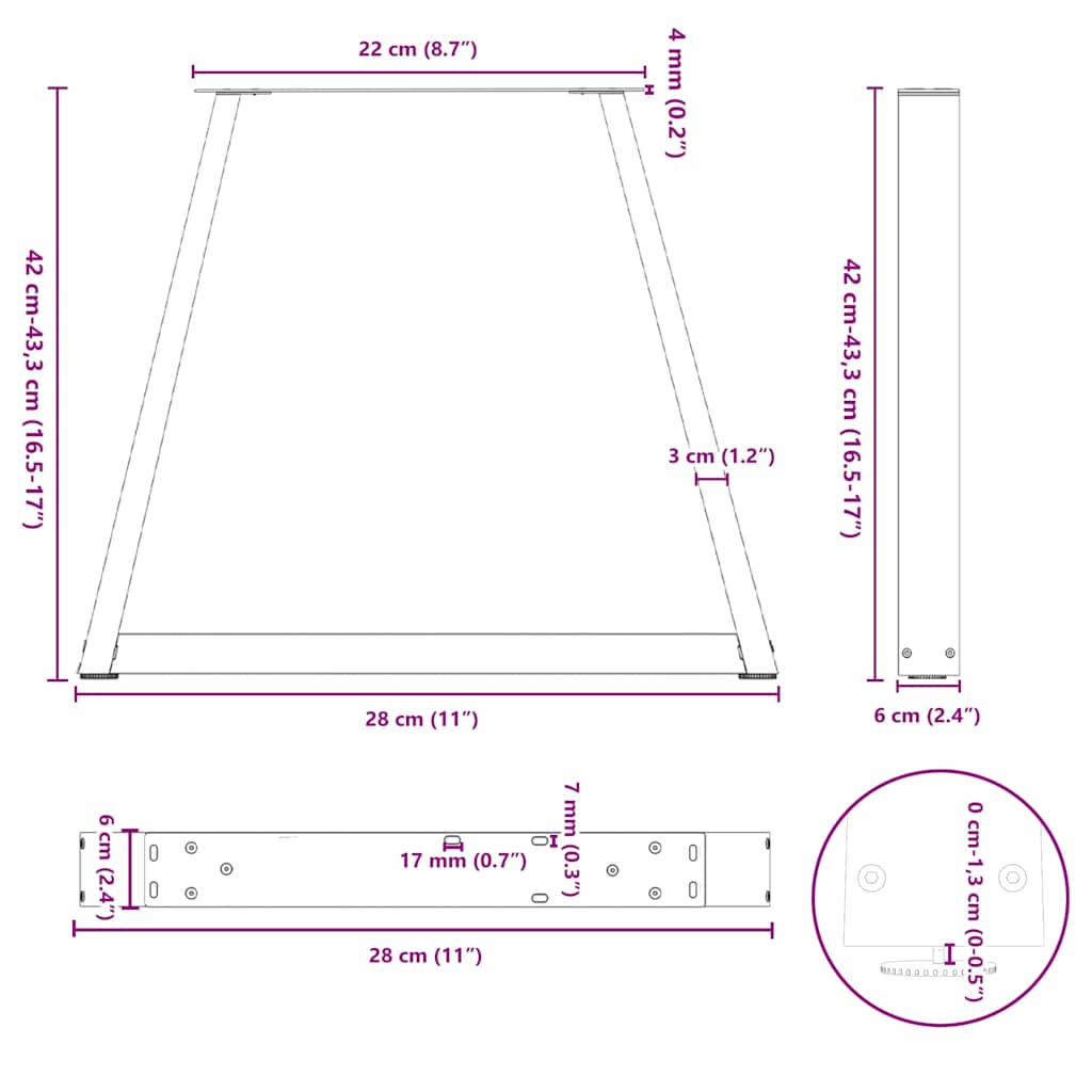 Natural Steel V-Shape Coffee Table Legs, 28x(42-43.3) cm, 2 pcs