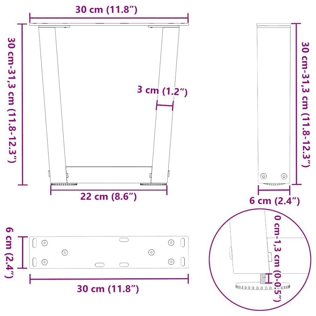 Natural Steel V-Shape Coffee Table Legs 2pcs, Adjustable 30cm