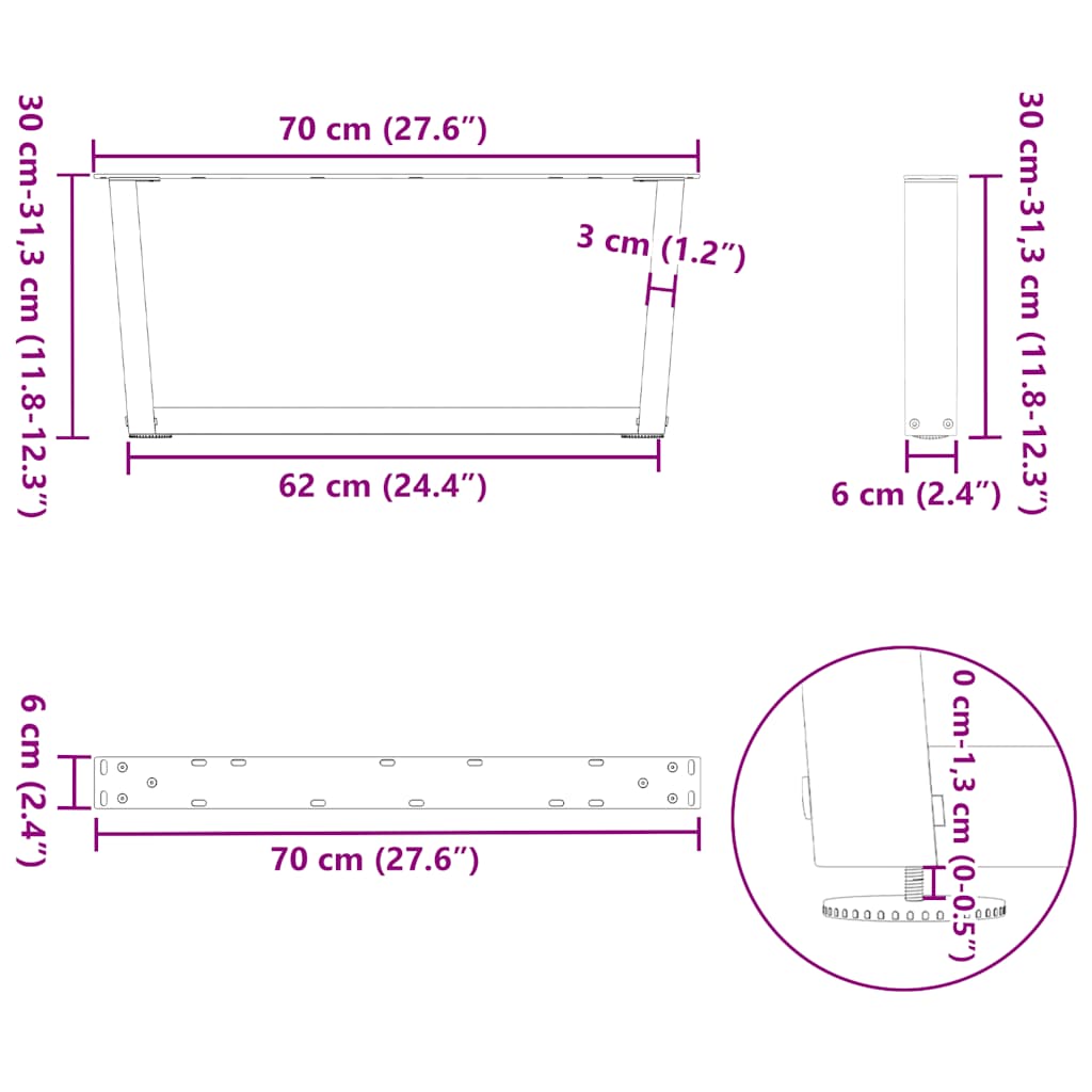Natural Steel V-Shape Coffee Table Legs, 2 Pcs, 70x30-31.3 cm