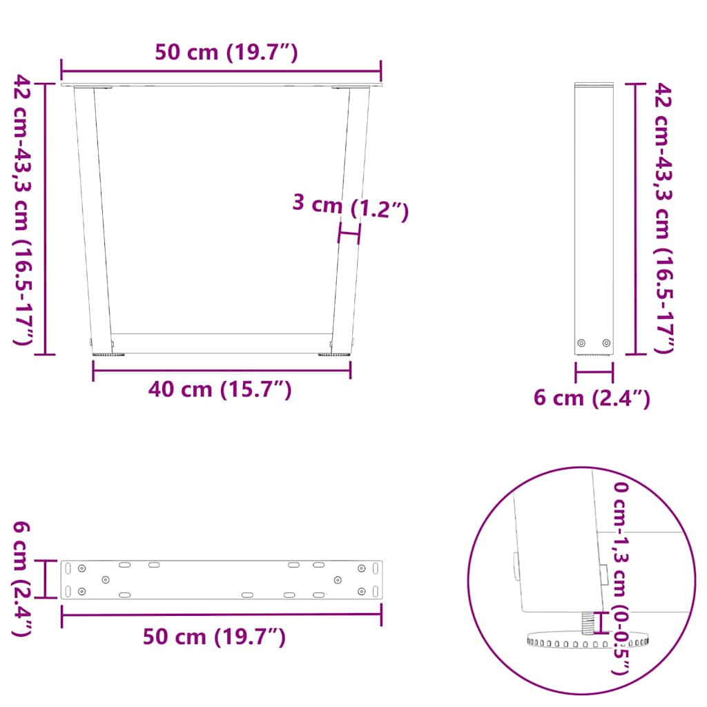 Natural Steel V-Shape Coffee Table Legs - Adjustable 50cm, 2 pcs