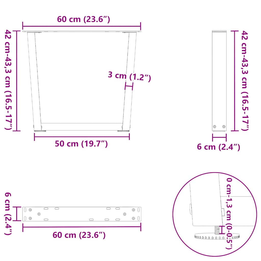 Natural Steel V-Shape Coffee Table Legs, Adjustable 60x(42-43.3) cm