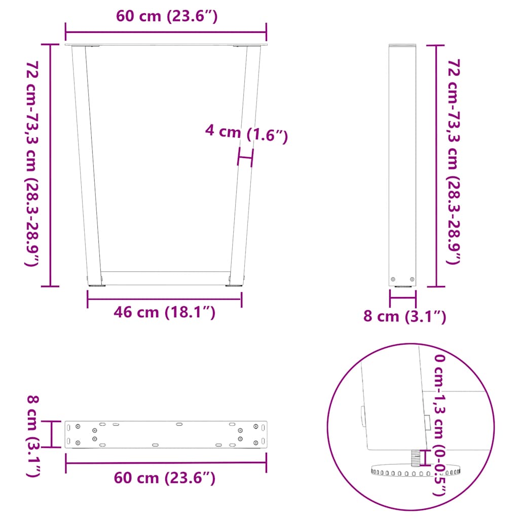 V-Shape Natural Steel Dining Table Legs, 2pcs, Adjustable 60x72-73.3 cm
