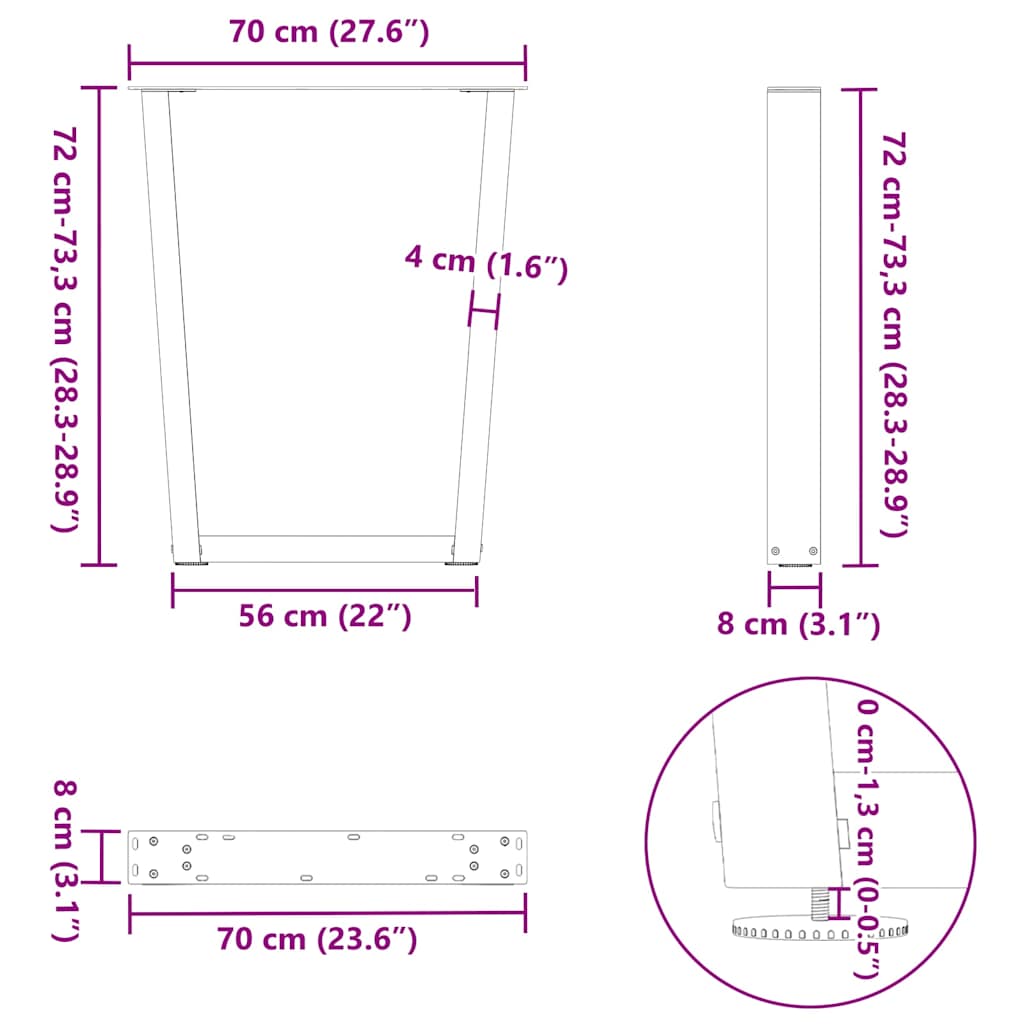 Natural Steel V-Shape Dining Table Legs, Adjustable 70cm, 2pcs