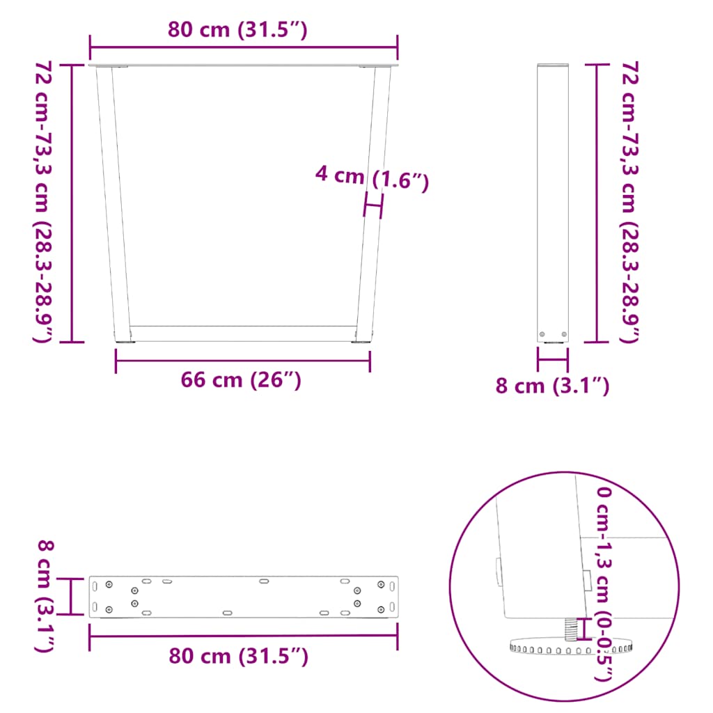 White V-Shape Steel Dining Table Legs, Adjustable 80 x (72-73.3) cm