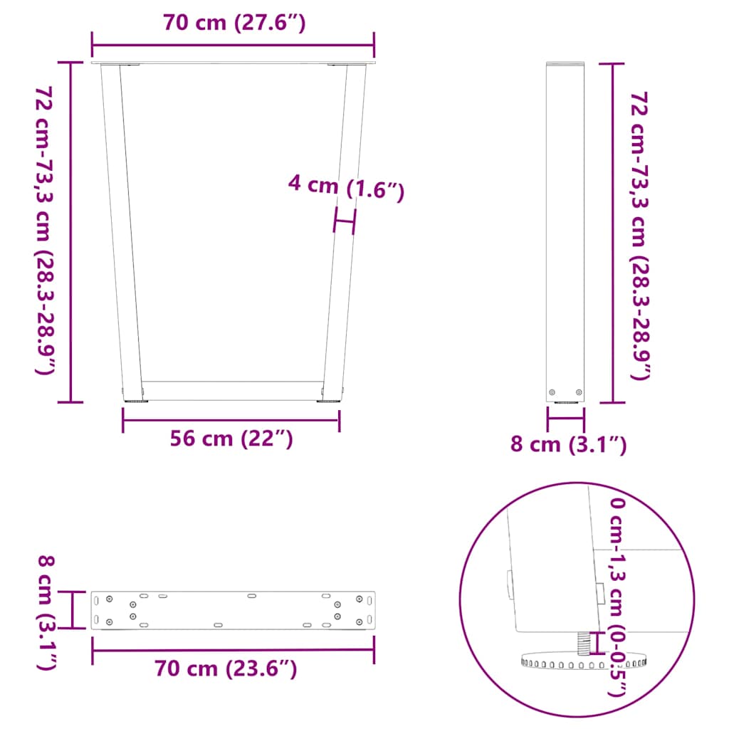 Anthracite Steel V-Shape Dining Table Legs, Set of 3, Adjustable 70cm